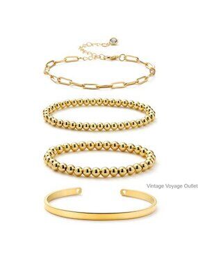 18K Gold Plated Copper Beaded Stretch Bracelet Set Cuff Bangle Jewelry Gift